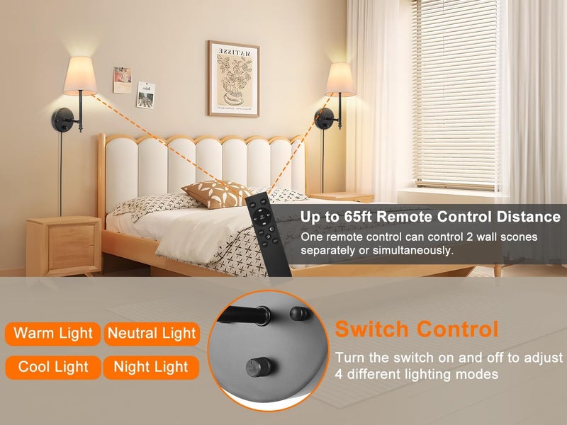 GOODATE 14.1 inch Wall Sconces Set of Two with Remote Control, Dimmable, Adjustable Colors 2700-6500K, Plug in Wall Sconces with White Fabric Shades, Plug in Wall Light, Black - Image 4